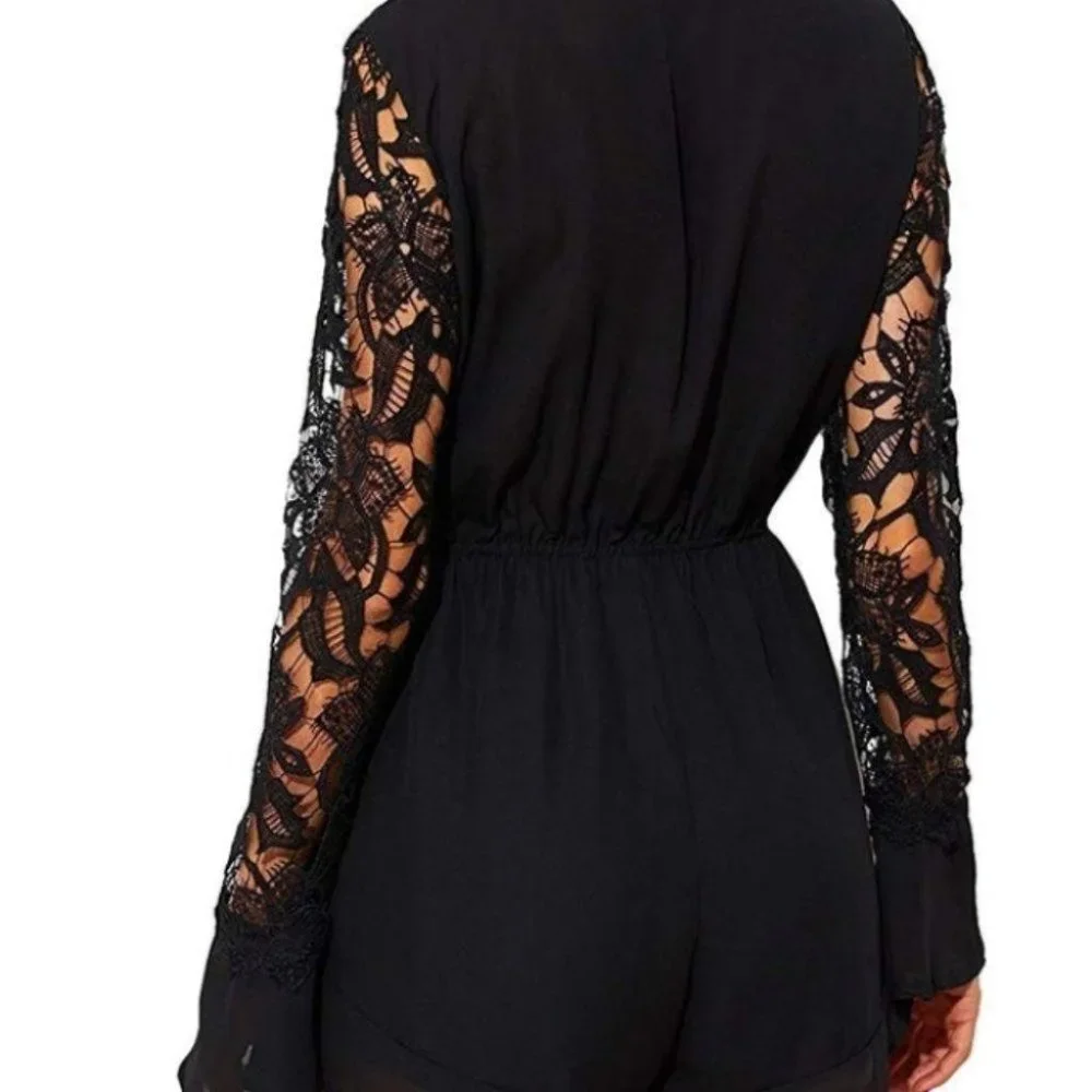 Lacey Sleeved Black Romper - Picture 4 of 6
